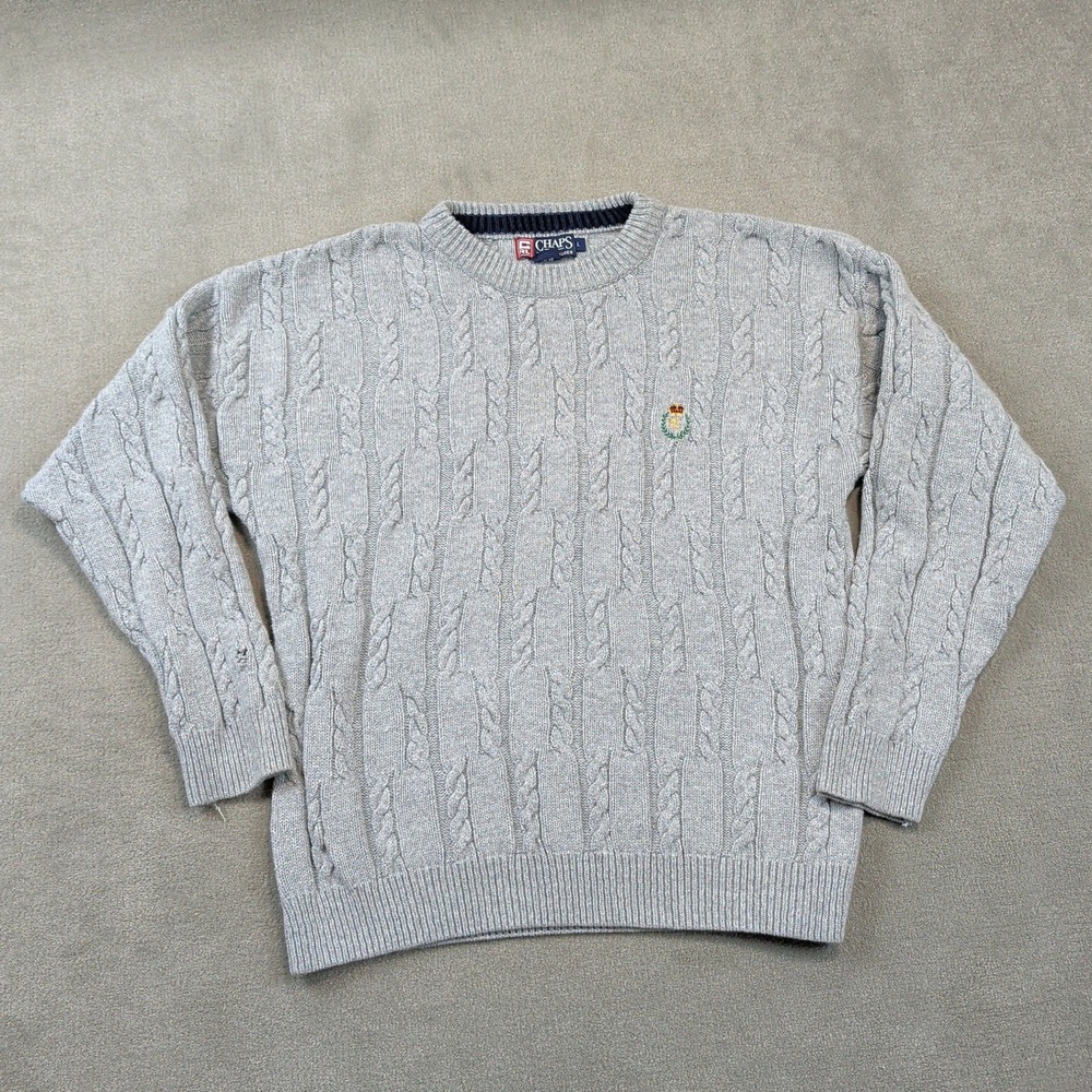 Chaps Ralph Lauren Size L Mens Gray Cable Knit Cotton Sweater Vintage USA Made